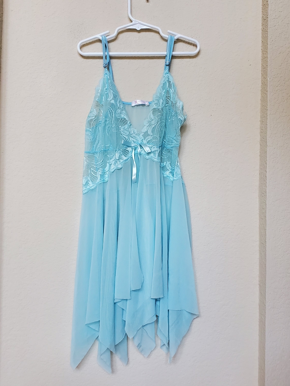 Avidlove Light Blue Lace Chiffon Chemise with Satin Tie.  Size Medium